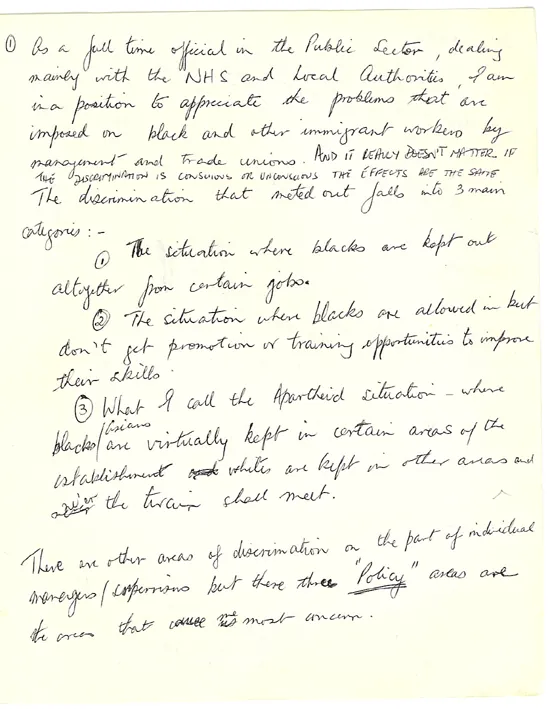 Bernie Grant's handwritten notes re workplace discrimination against 'black and other immigrant workers by management and trade unions'