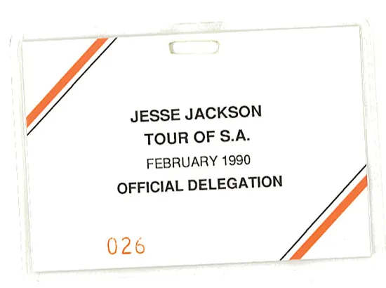 Delegate badge worn by Bernie Grant during official South Africa Jesse Jackson tour.