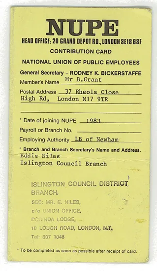 Bernie Grant's personal NUPE contribution card