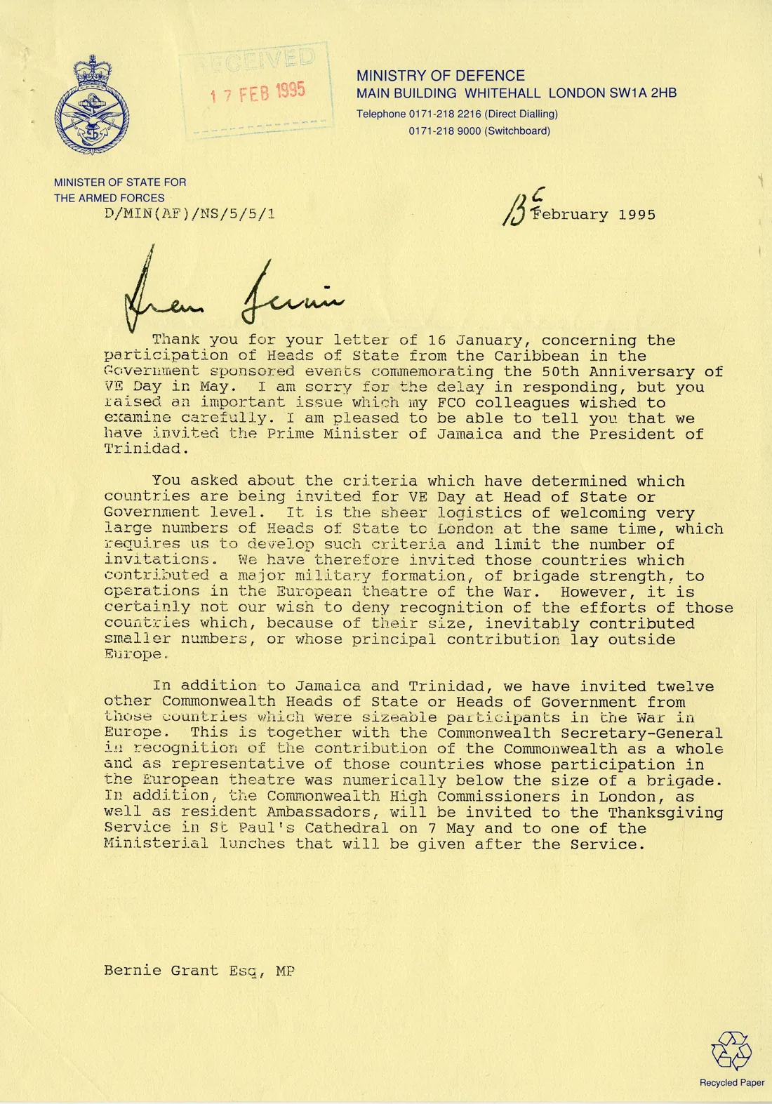 Bernie Grant letter to Ministry of Defence regarding VE Day and Caribbean Heads of State BG P 16 21