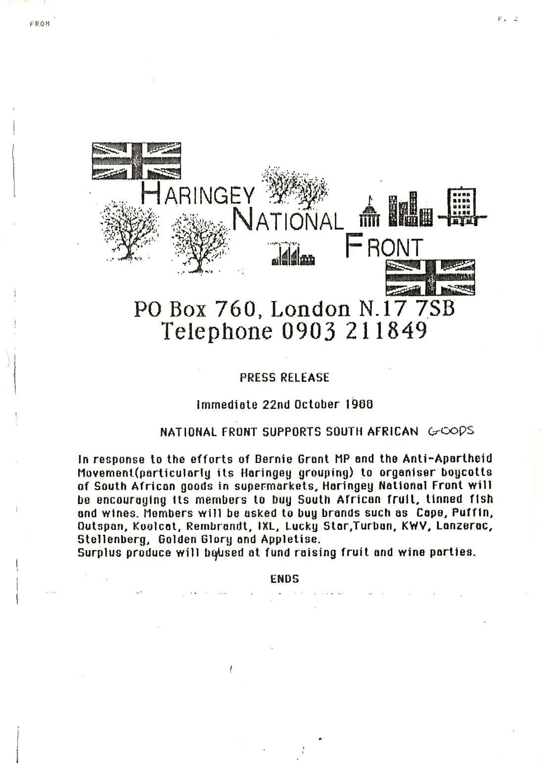 Haringey National Front supports South african goods BG P 18 2 38 1
