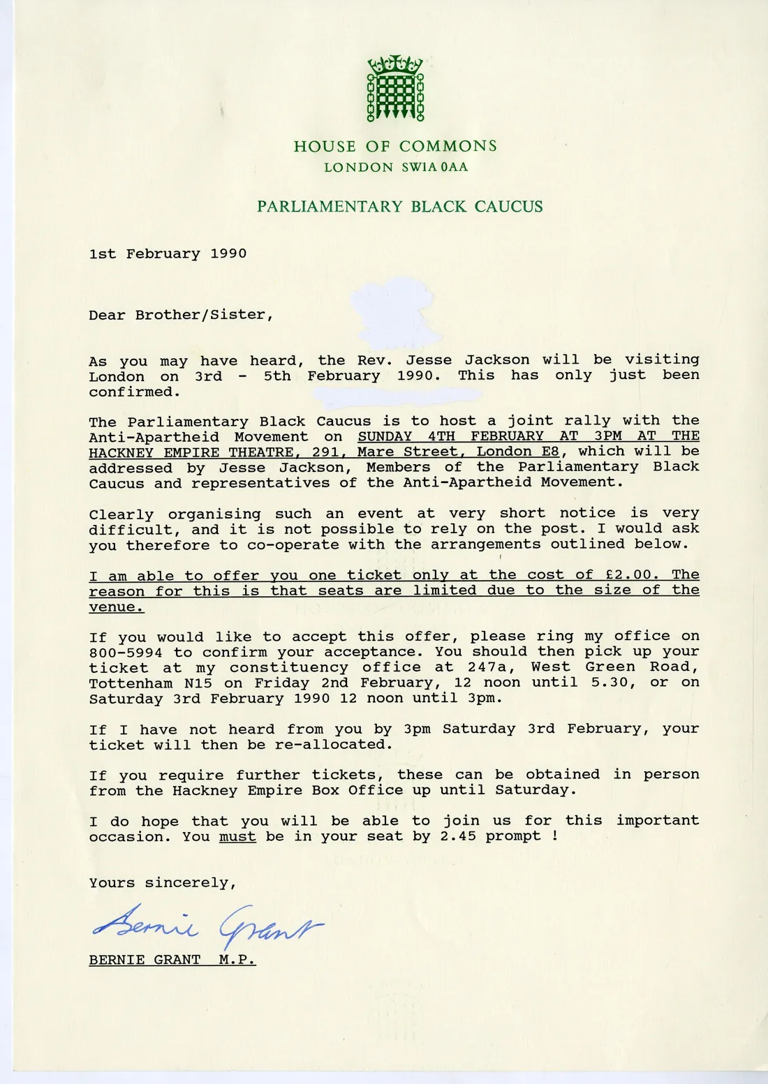 Letter to PBC contacts re Jesse Jacksons visit to London 1990 BG P 18 2
