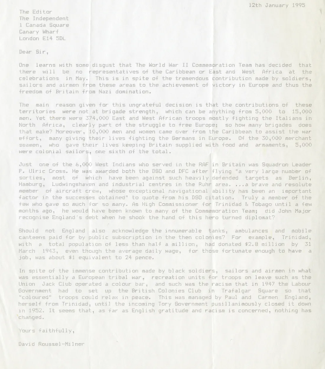 Letter to the Independent regarding World War II Commemoration Controversy BG P 16 21