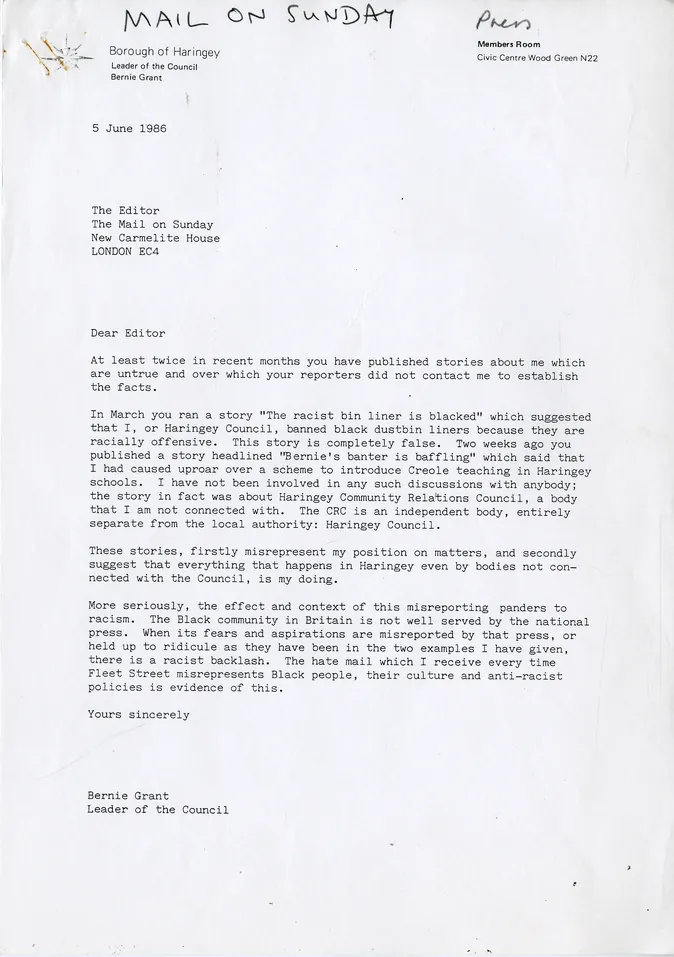 Preview image for Bernie Grant Letter to the Mail on Sunday