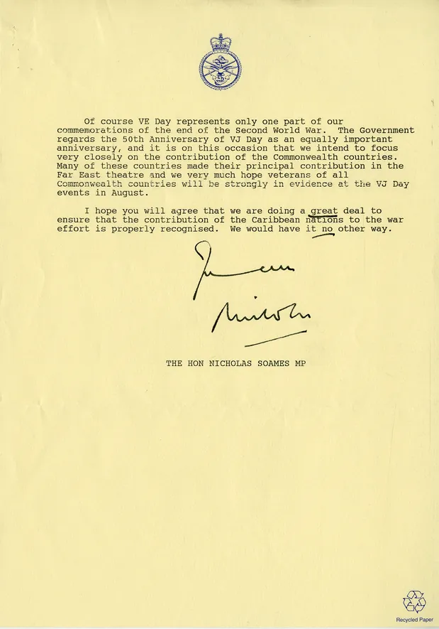 Preview image for Bernie Grant letter to Ministry of Defence regarding VE Day and Caribbean Heads of State