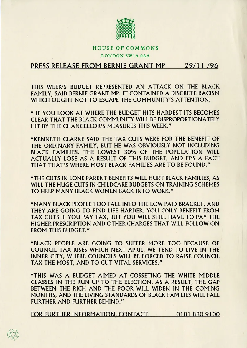 Preview image for Budget Press Release by Bernie Grant