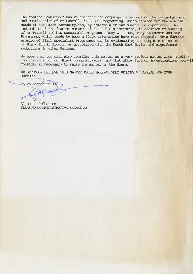 Preview image for Letter from Black Londoners Action Committee Treasurer