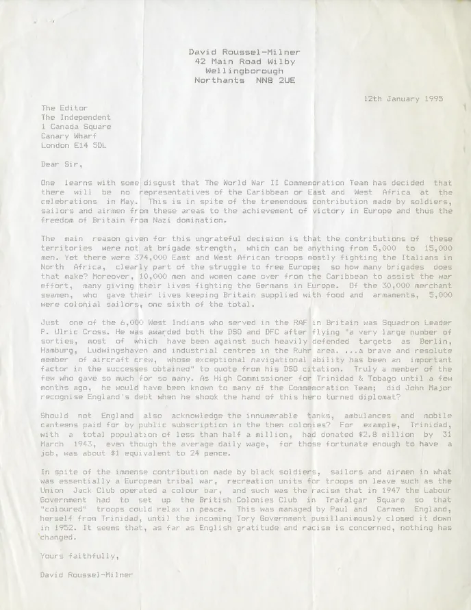 Preview image for Letter to the Independent regarding World War II Commemoration Controversy