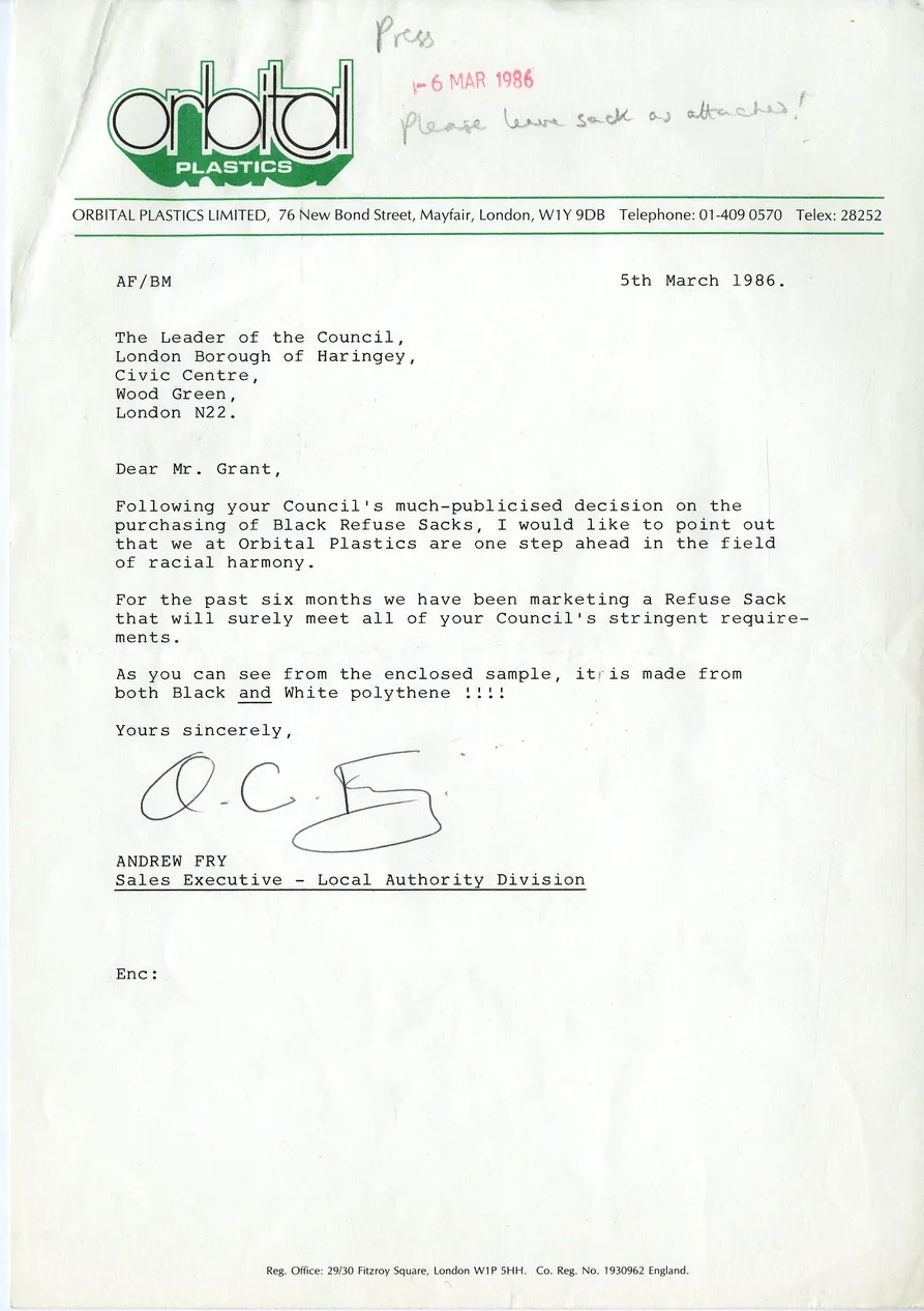 Preview image for Orbit Bin Liners letter to Bernie Grant