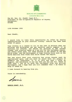 Preview image for Congratulationary letter to Cheddi Jagan 11th October 1992
