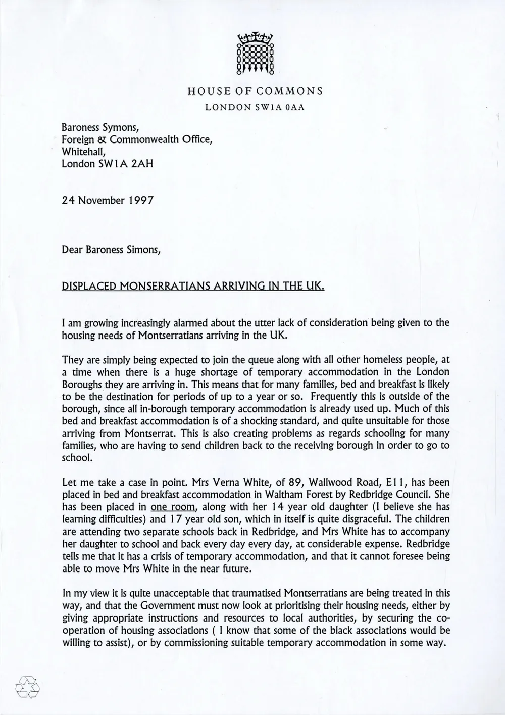 Preview image for Letter to Baroness Symons from Bernie Grant re displaced Montserratians