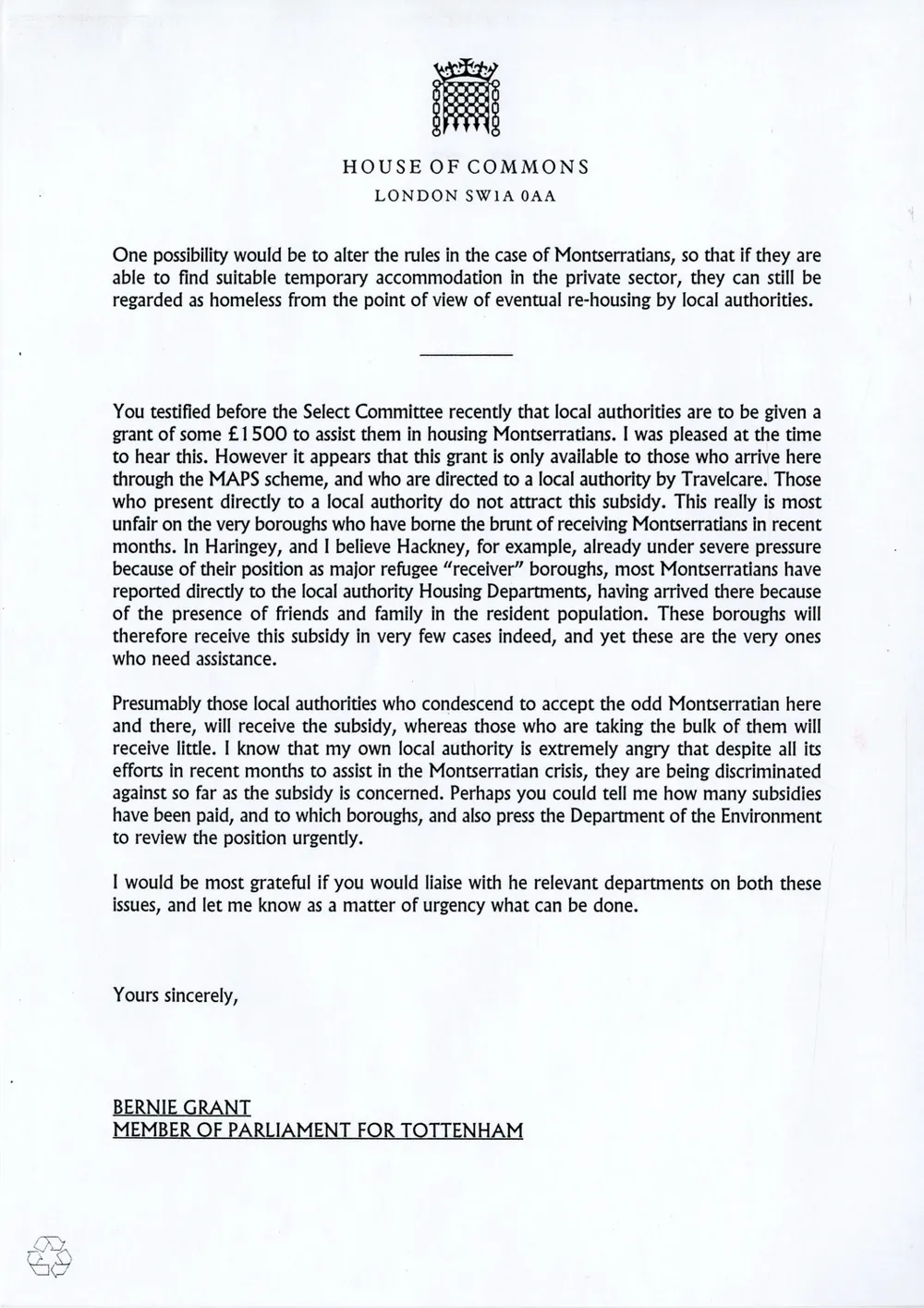 Preview of Letter to Baroness Symons from Bernie Grant re displaced Montserratians [BG_P_18_2_103]