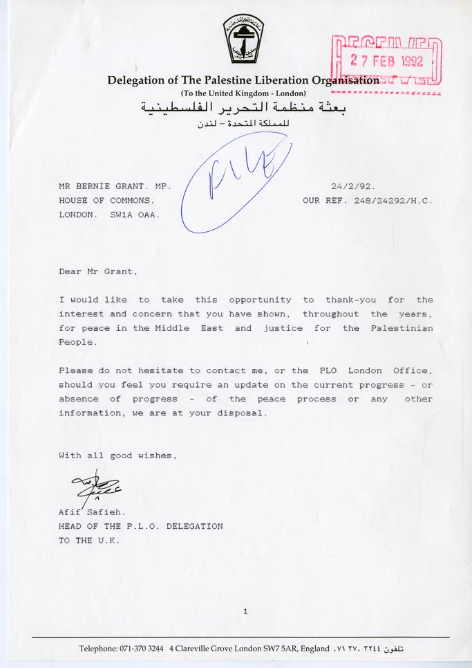Preview image for Letter to Bernie Grant from Afif Safieh