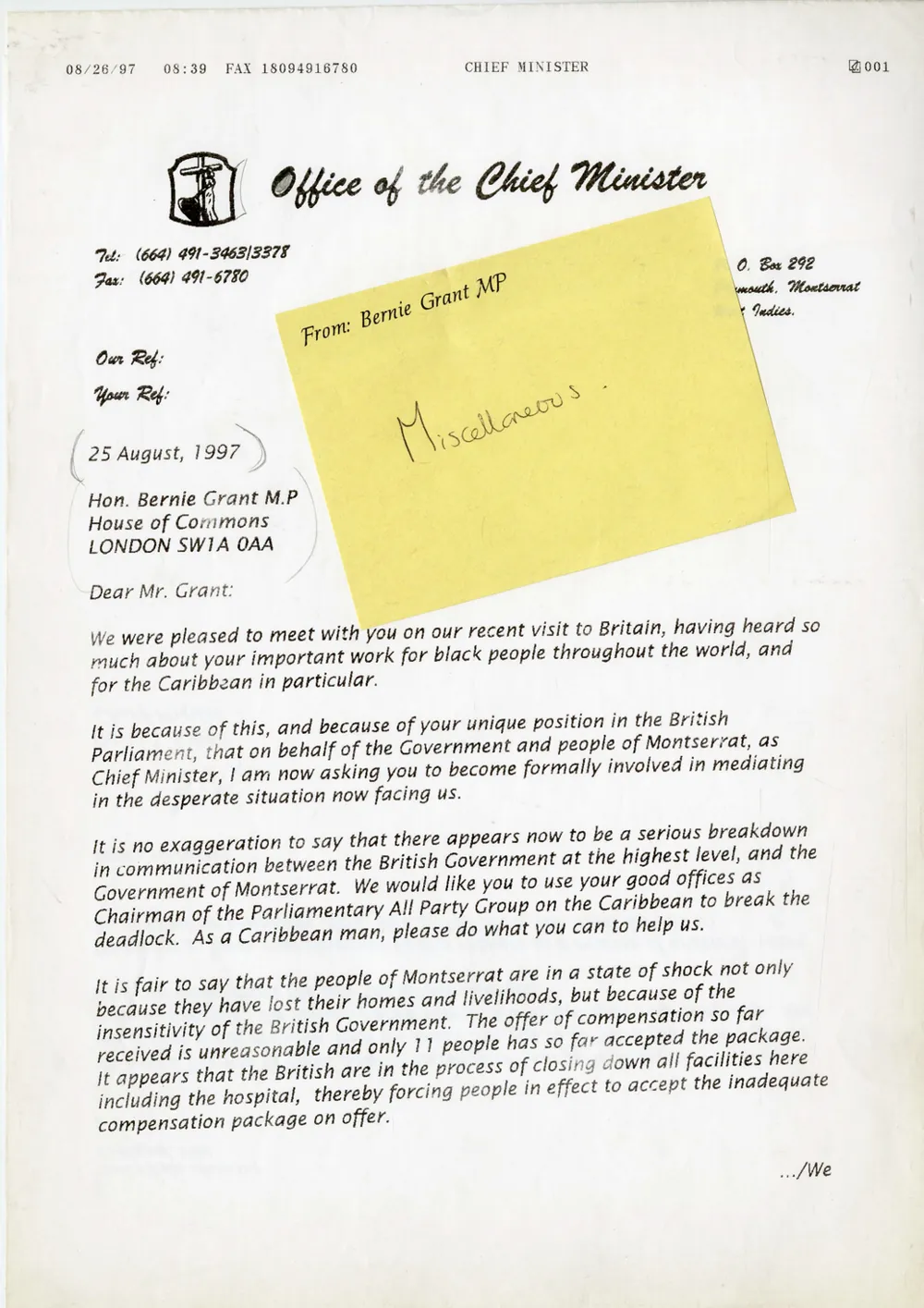 Preview image for Letter to Bernie Grant requesting assistance from Montserrat chief minister