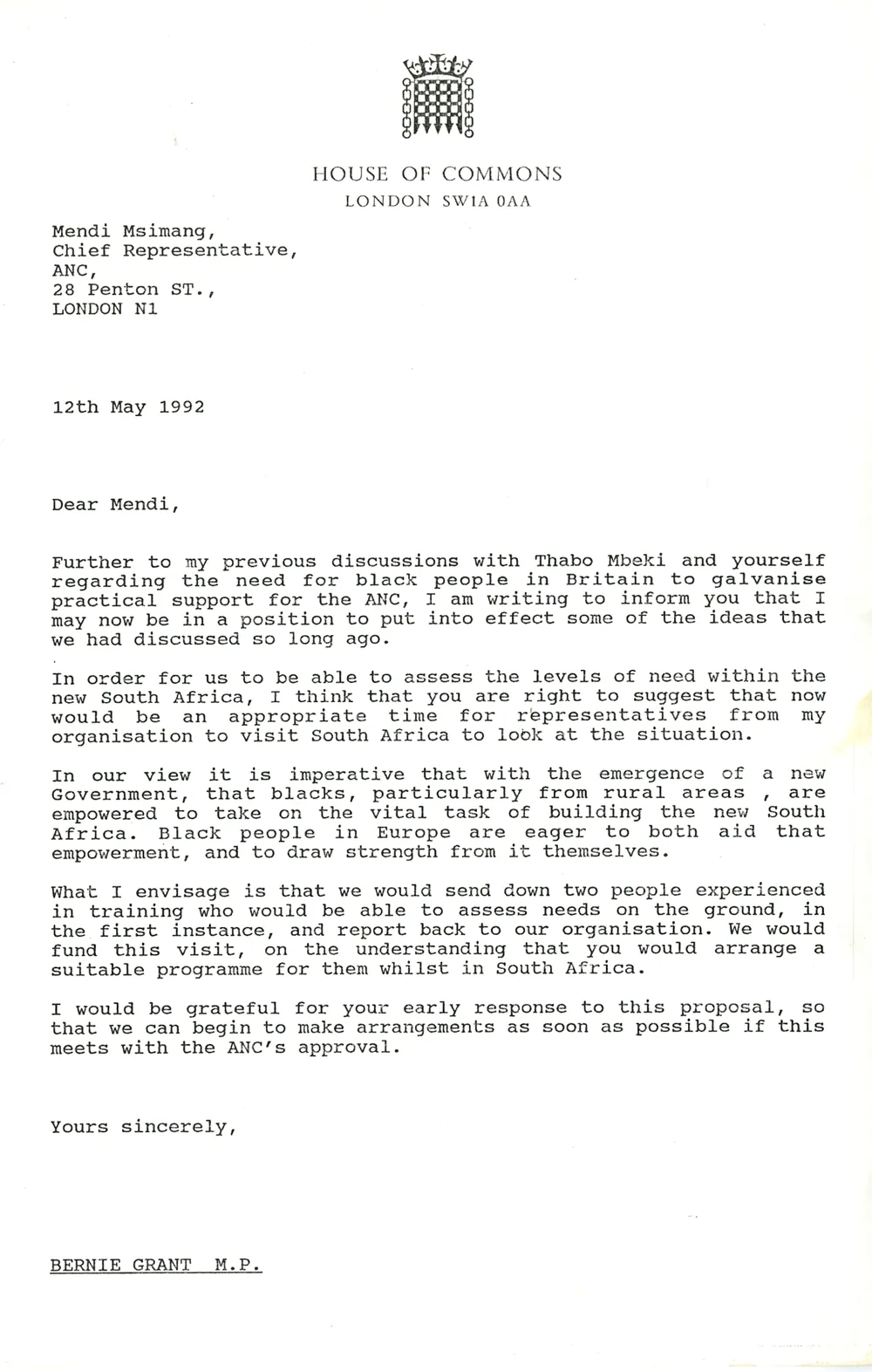 Preview image for Letter to Mendi Msimang, ANC 12th May 1992