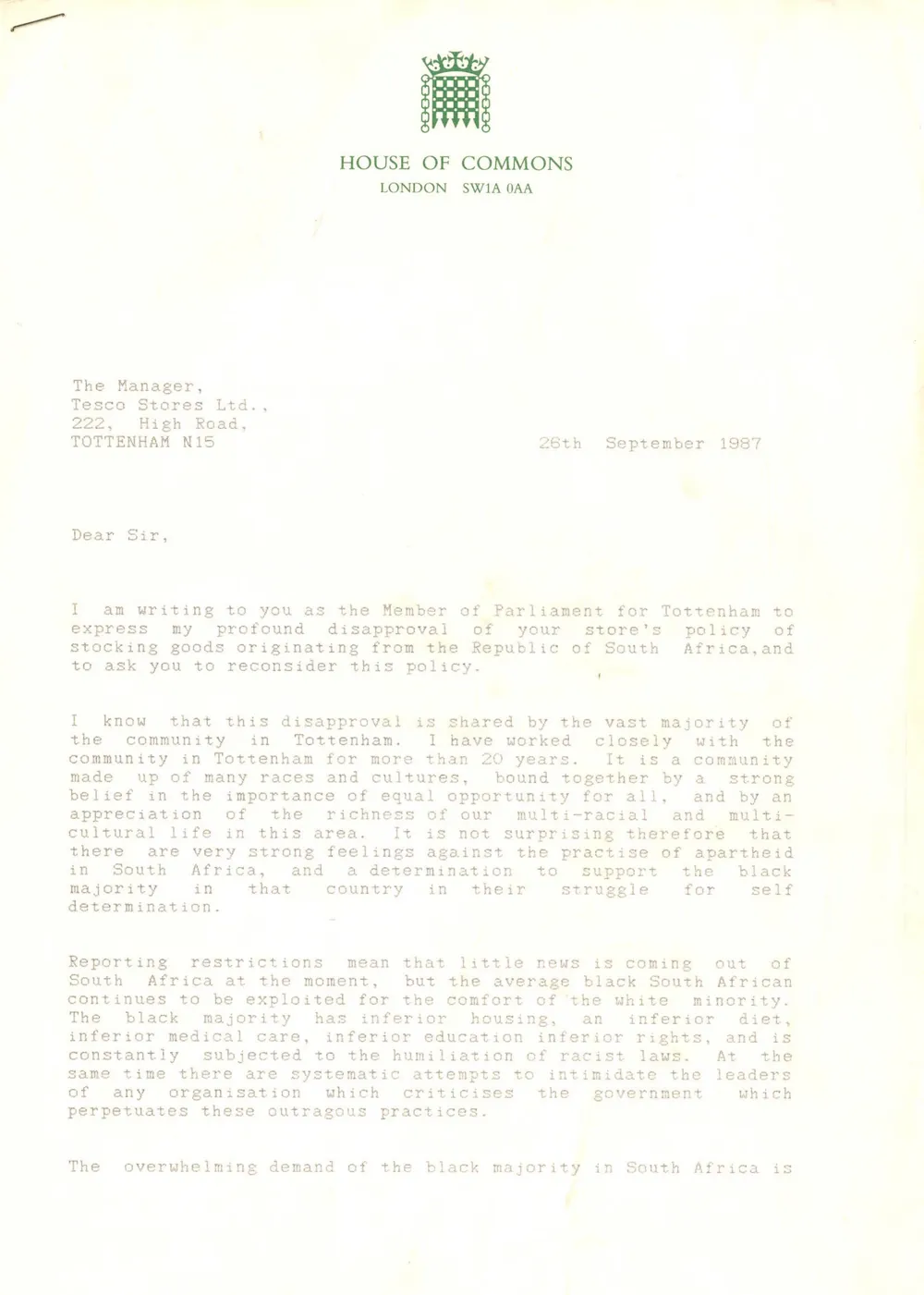 Preview image for Letter to Tesco Store regarding selling of South African goods