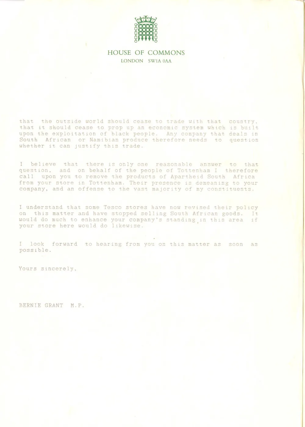 Preview of Letter to Tesco Store regarding selling of South African goods [BG_P_18_2_38]