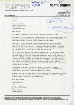 Preview image for NACRO letter from Pauline Wilson to Bernie Grant re Jamaica disaster reconstruction 1989