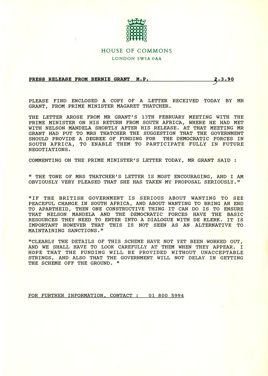 Preview image for Press release on meeting with Thatcher, 2nd March 1990