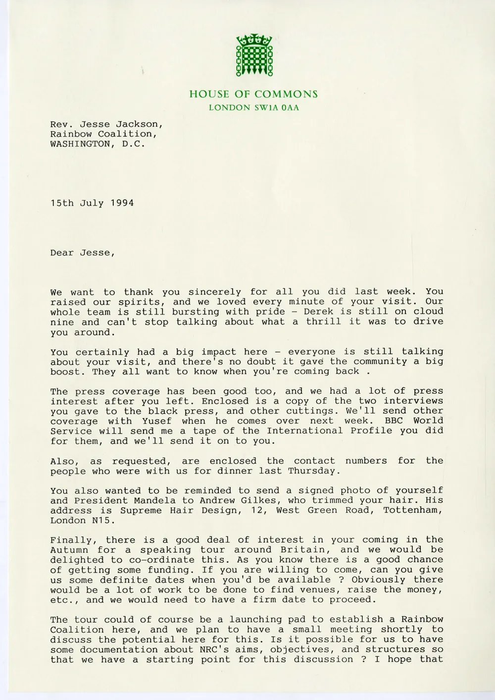 Preview image for Thank you letter to Jesse Jackson for his visit to UK, 1994