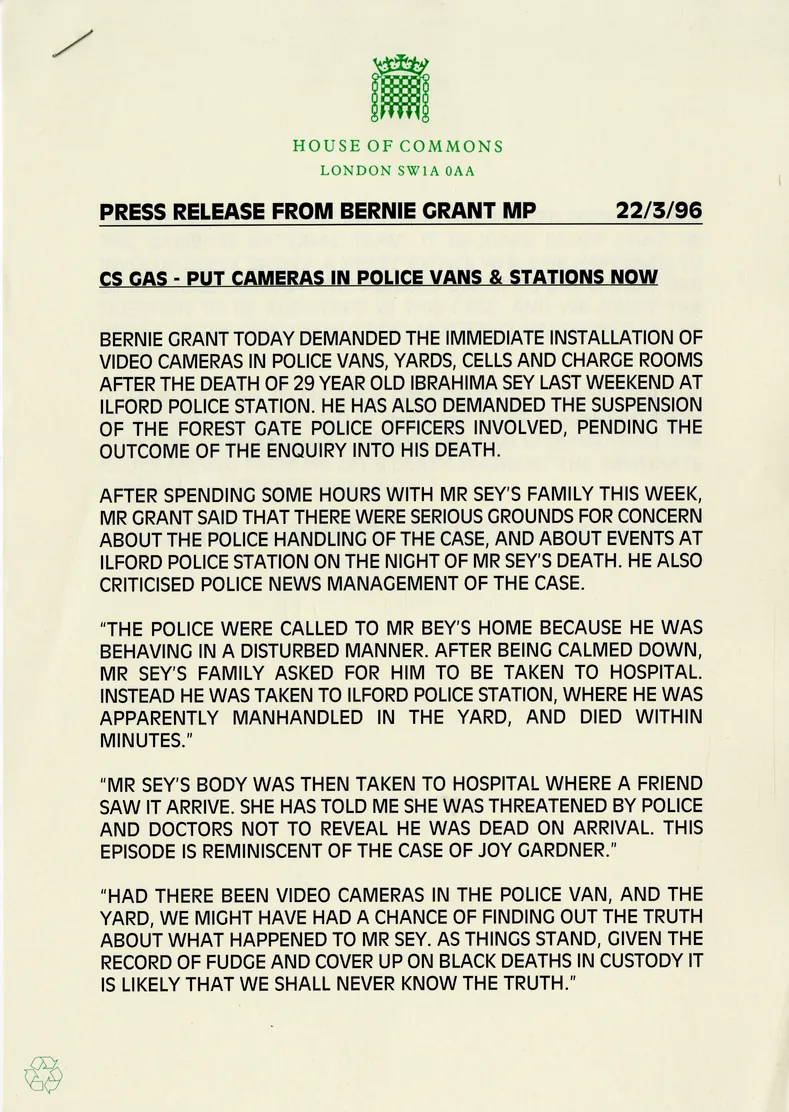Preview image for Bernie Grant Press Release on CS Gas and Ibrahima Sey