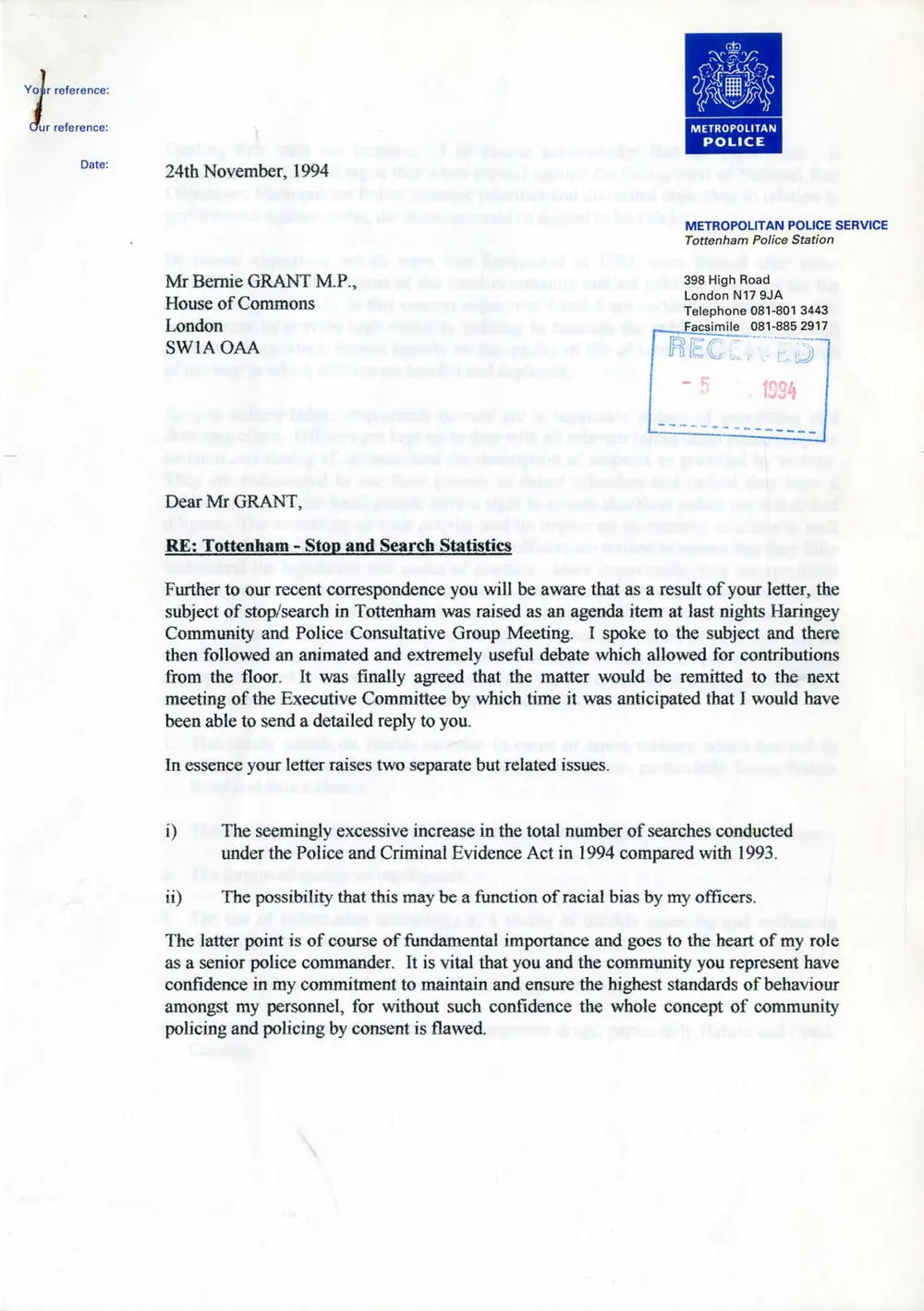 Preview of Bg_P_18_1_147 David Gilbertson letter on stop and search rates 1994