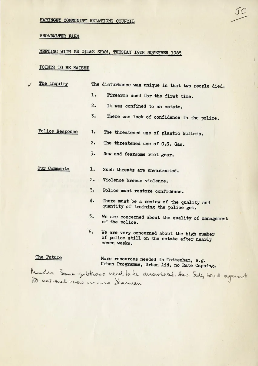 Preview image for Haringey Community Relations Council: Broadwater Farm meeting 19 November 1985