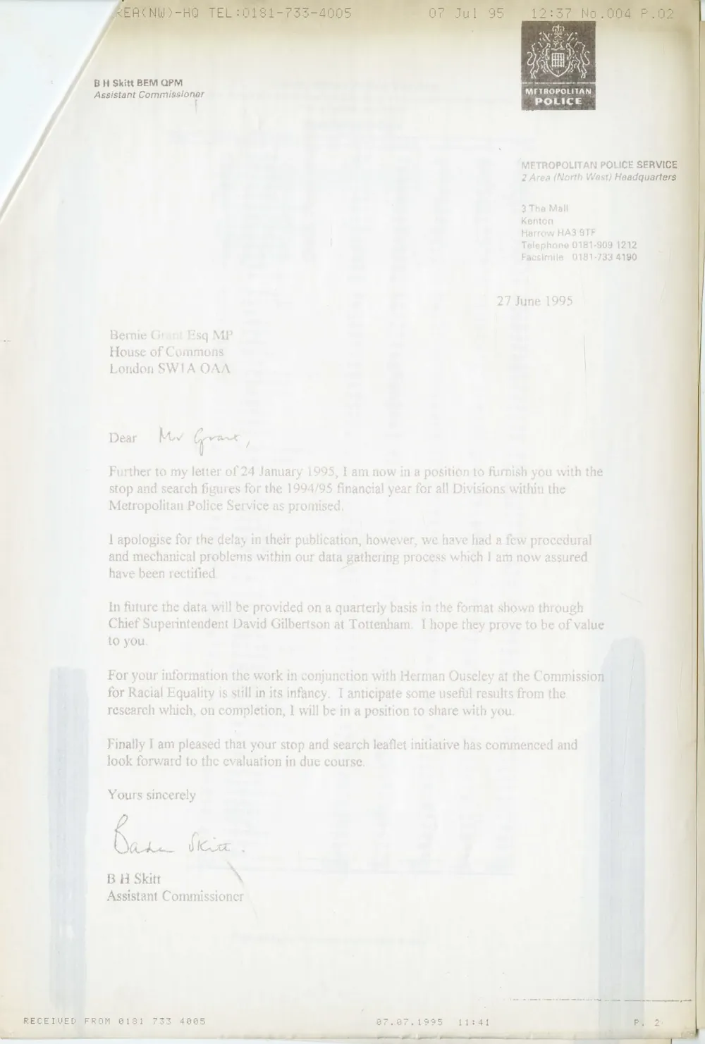 Preview image for Letter to B H Skitt to Bernie Grant regarding providing the stop and search figures