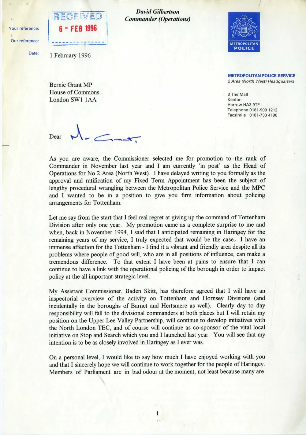 Preview image for Letter to Bernie Grant from Commander David Gilbertson February 1996