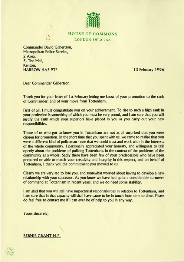Preview image for Letter to Commander David Gilbertson from Bernie Grant February 1996