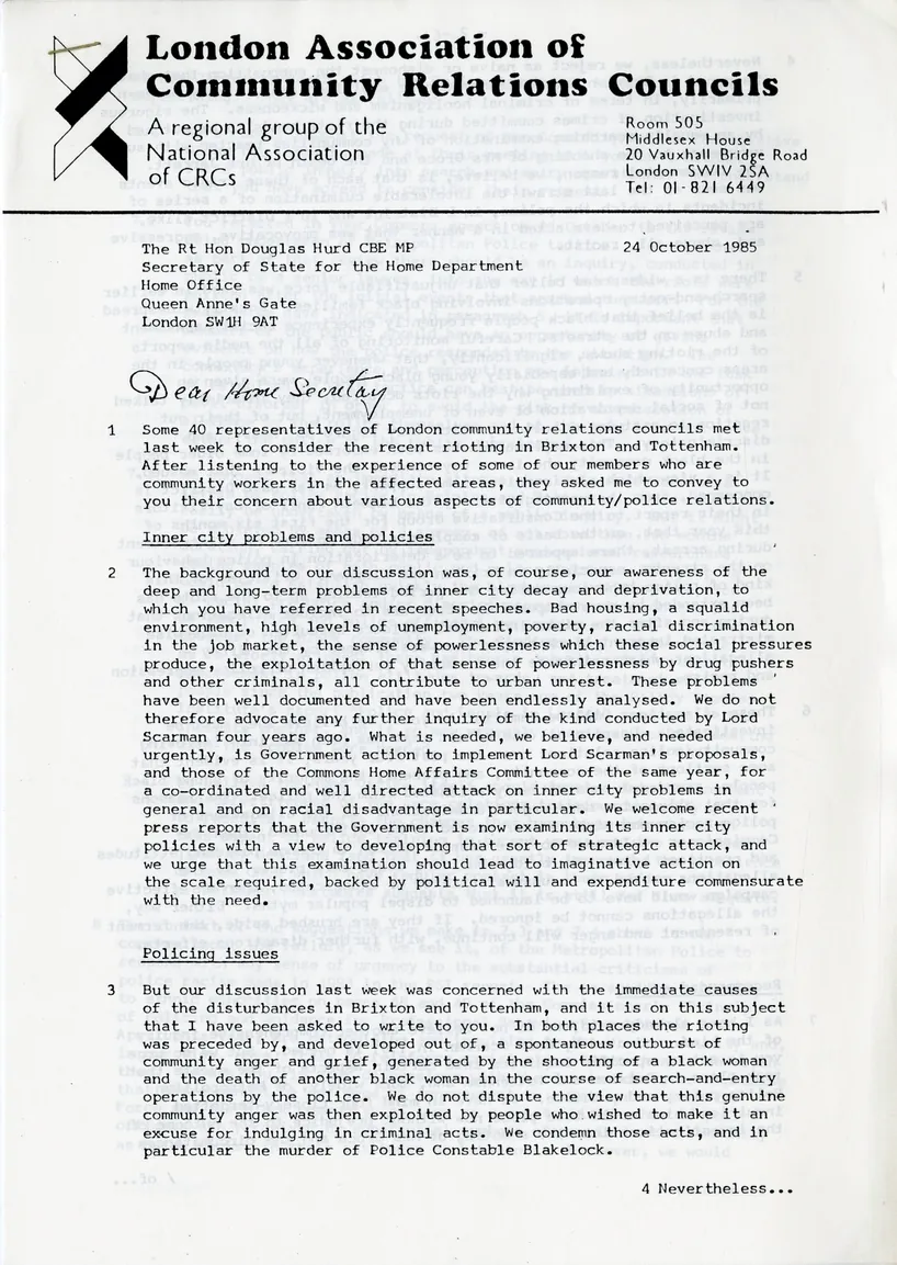 Preview image for London Associations of Community Relations Councils letter to Home Secretary 24 October 1985