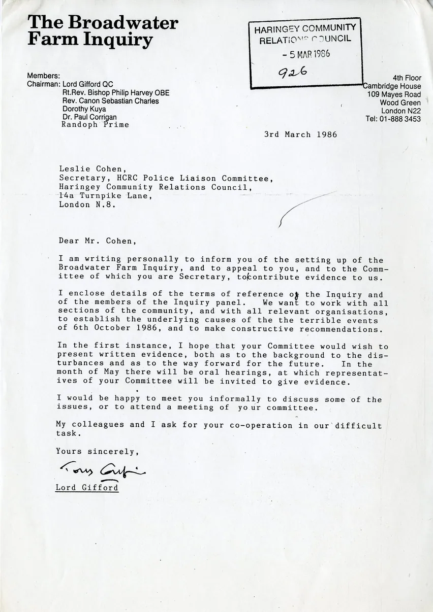 Preview image for Lord Gifford letter to police liasion