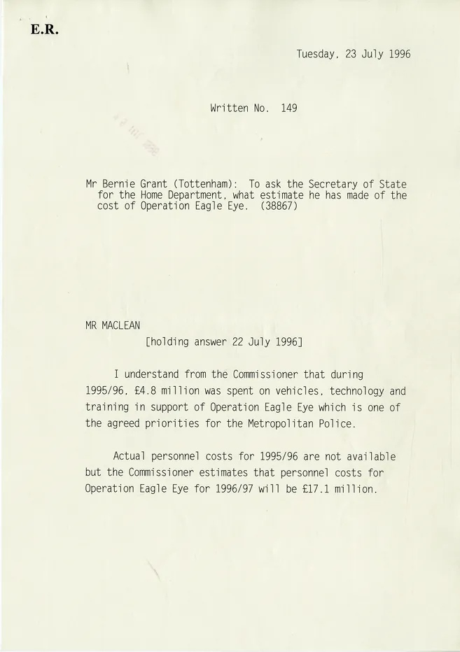 Preview image for Parliamentary question and answer on cost of Operation Eagle Eye