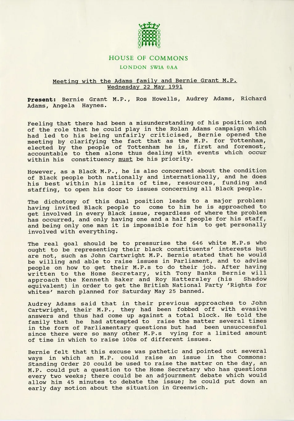 Preview image for Roland Adams: summary of meeting with Adams family, May 1991