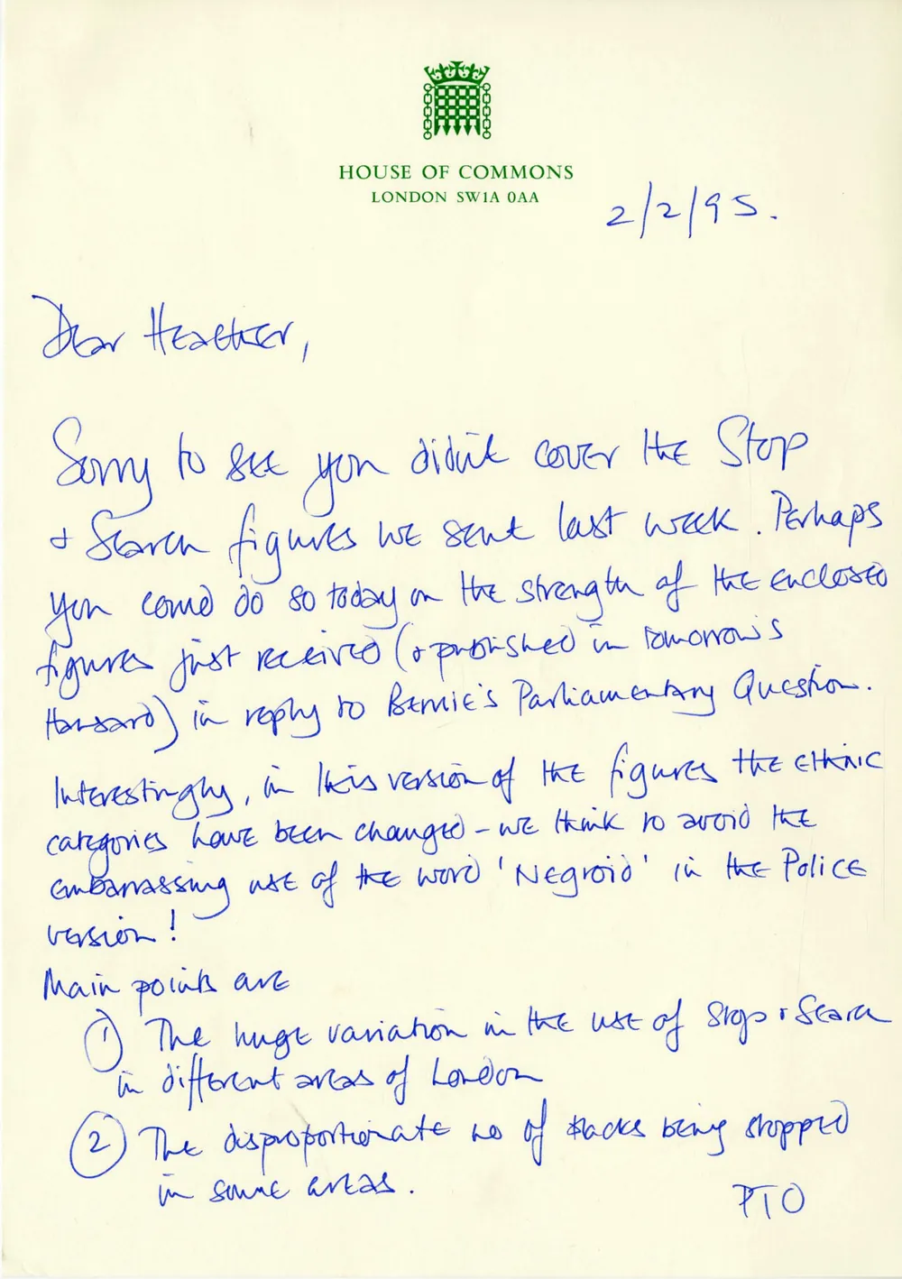 Preview image for Sharon Grant handwritten note to Heather with points to raise re stop and searches