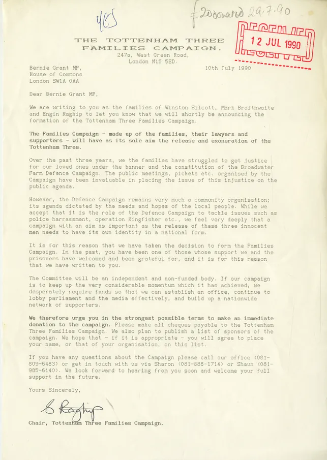 Preview image for Tottenham Three Families Campaign letter to Bernie Grant July 1990