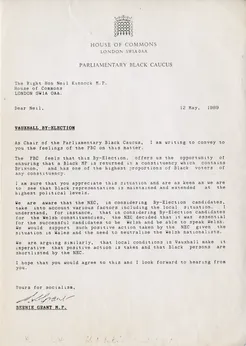 Preview image for Bernie Grant letter to Neil Kinnock on Vauxhall bi-election