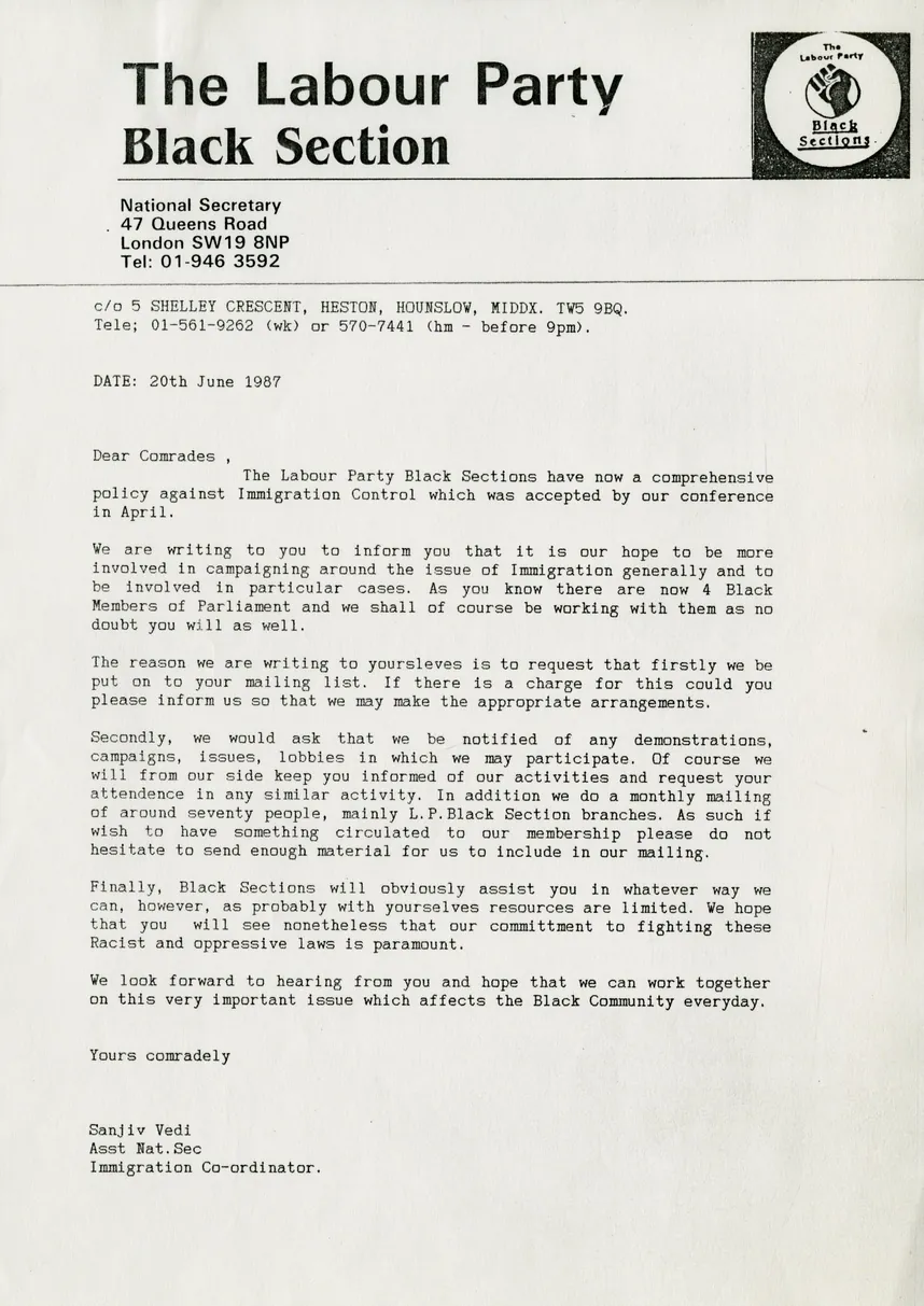 Preview image for Black Sections letter on immigration control