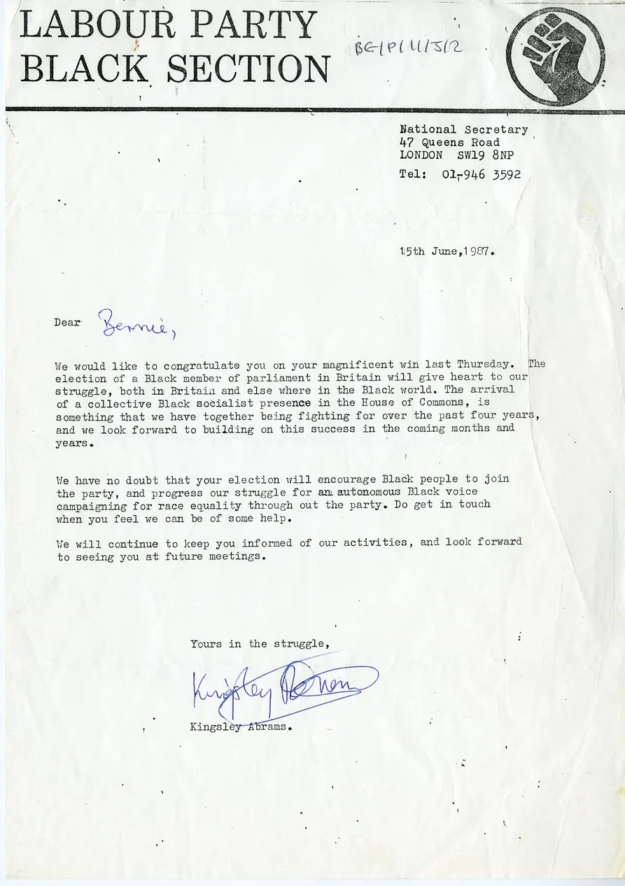 Preview image for Labour Party Black Section letter congratulating Bernie Grant’s election as MP