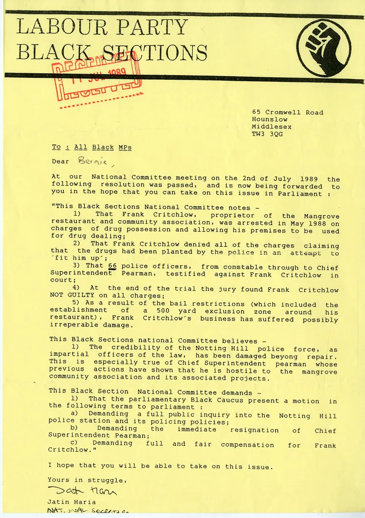 Preview image for Labour Party Black Sections letter to all Black MPs