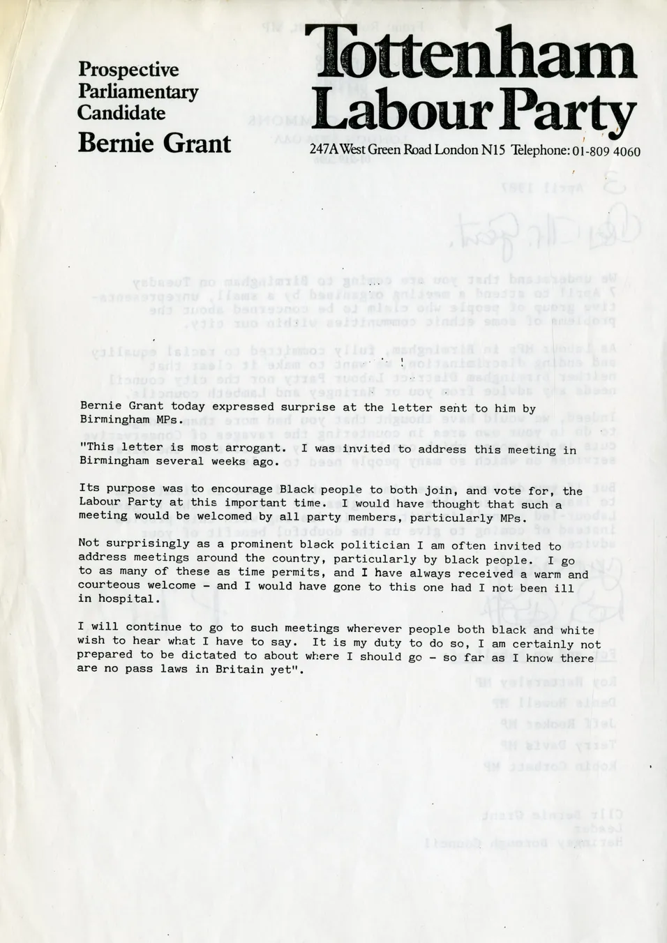 Preview image for Letter from Bernie Grant on Birmingham MP clash