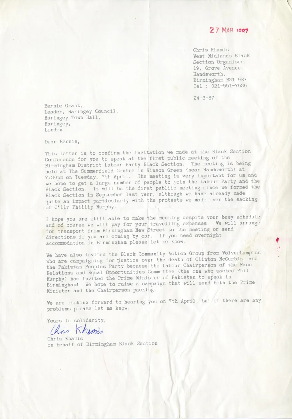 Preview image for Letter from Chris Khamis (Birmingham Black Sections) 1987