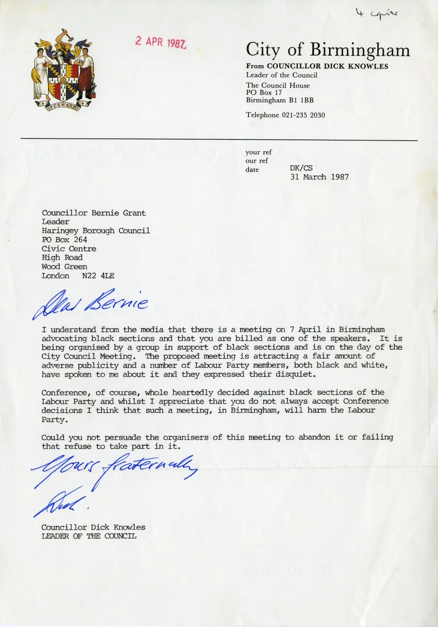 Preview image for Letter from Councillor Dick Knowles to Bernie Grant, 1987