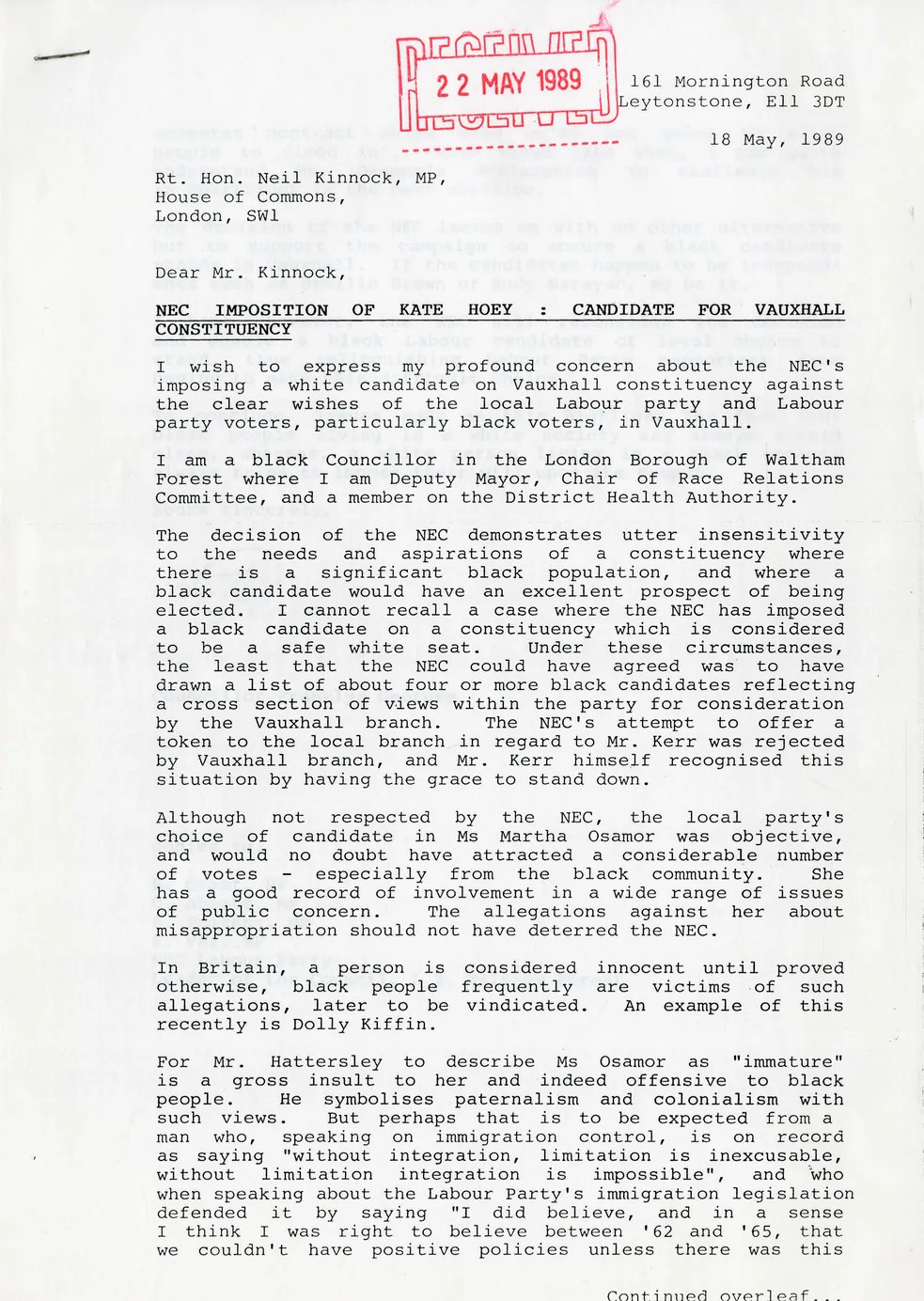 Preview image for Letter to Neil Kinnock on the NEC Imposition of Kate Hoey