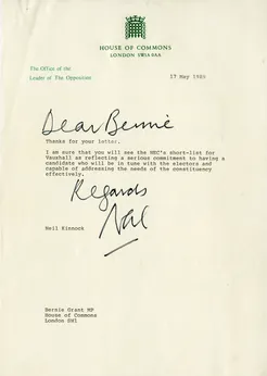 Preview image for Neil Kinnock letter to Bernie Grant on Vauxhall bi-election