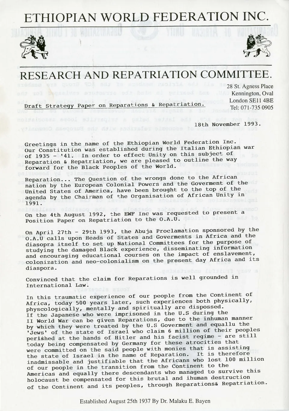 Preview image for Ethiopian World Federation inc. Draft Strategy on Reparations and Repatriation