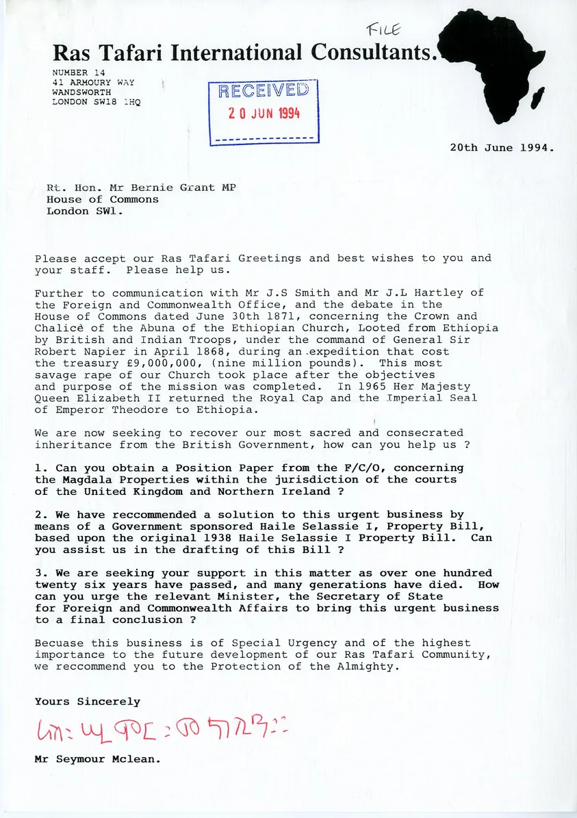 Preview image for Letter to Bernie Grant from Seymour Mclean regarding Haile Selassie I bill