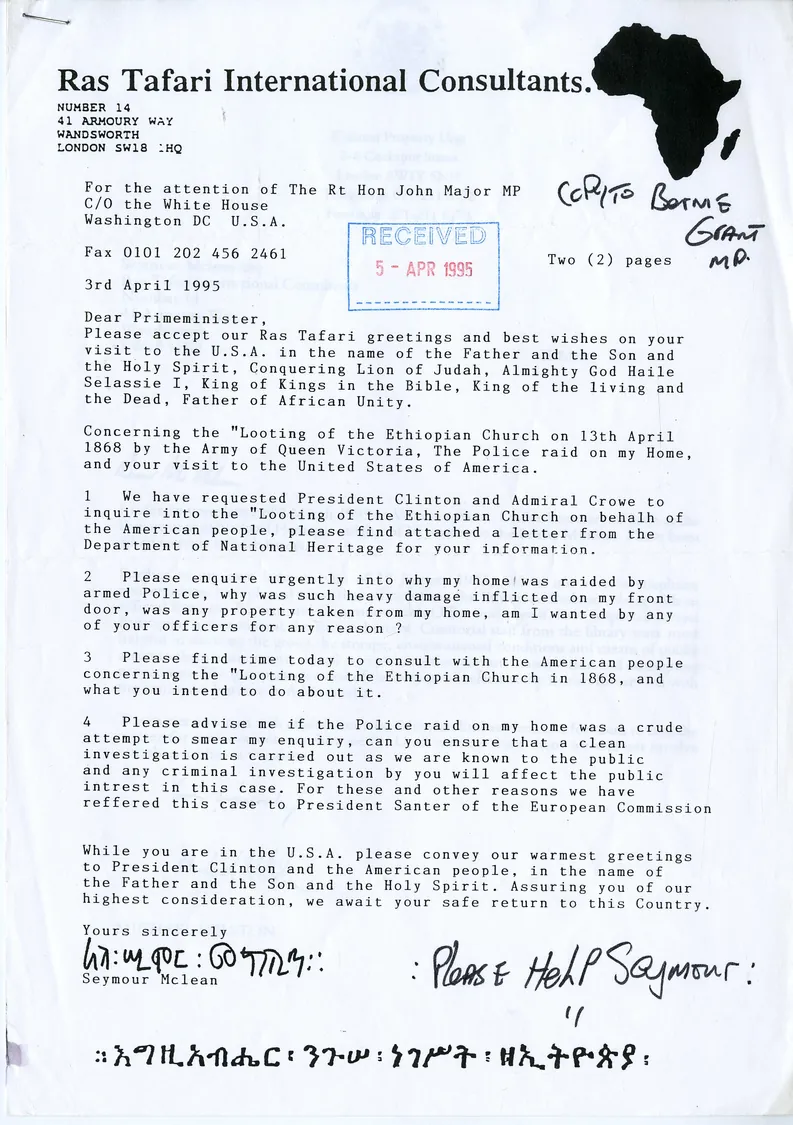 Preview image for Letter to John Major from Seymour Mclean regarding reparations for looting of Ethiopian church
