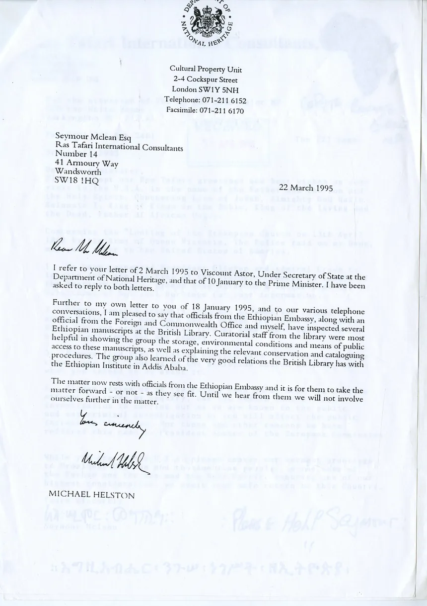 Preview image for Letter to Seymour Mclean from Michael Heston regarding inspection of Ethiopian manuscripts at British Library
