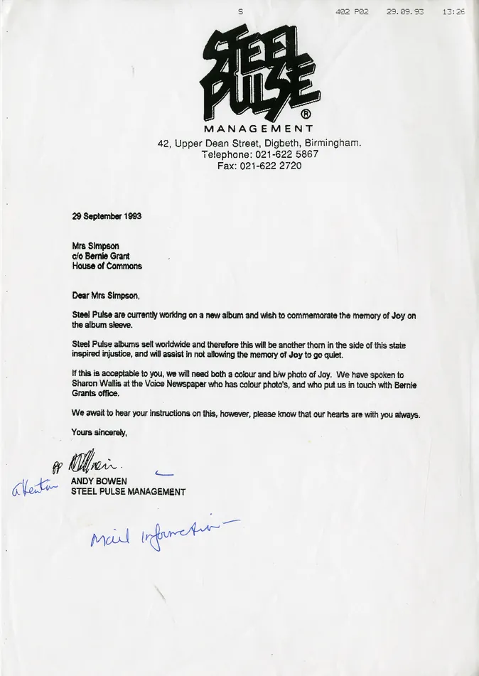 Preview image for Steel Pulse letter to commemorate Joy Gardner